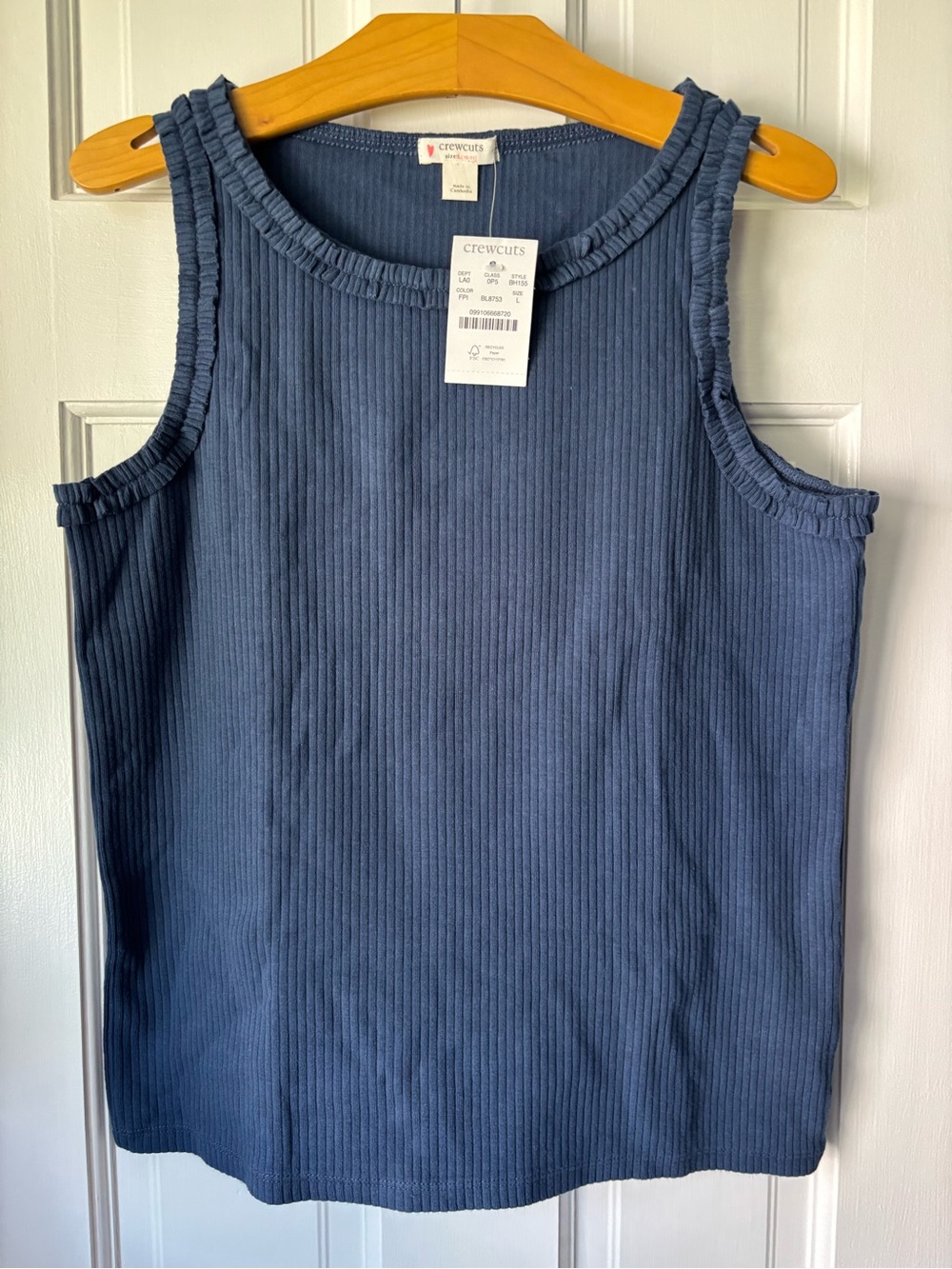 New Crewcuts Girls Blue Ribbed Tank with Ruffle Trim, size L/10-12